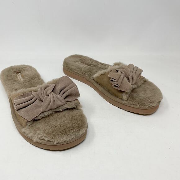 Koolaburra By UGG  Ishani Suede Bow Faux Fur Slippers Slides Amphora Taupe 10 - Picture 1 of 14